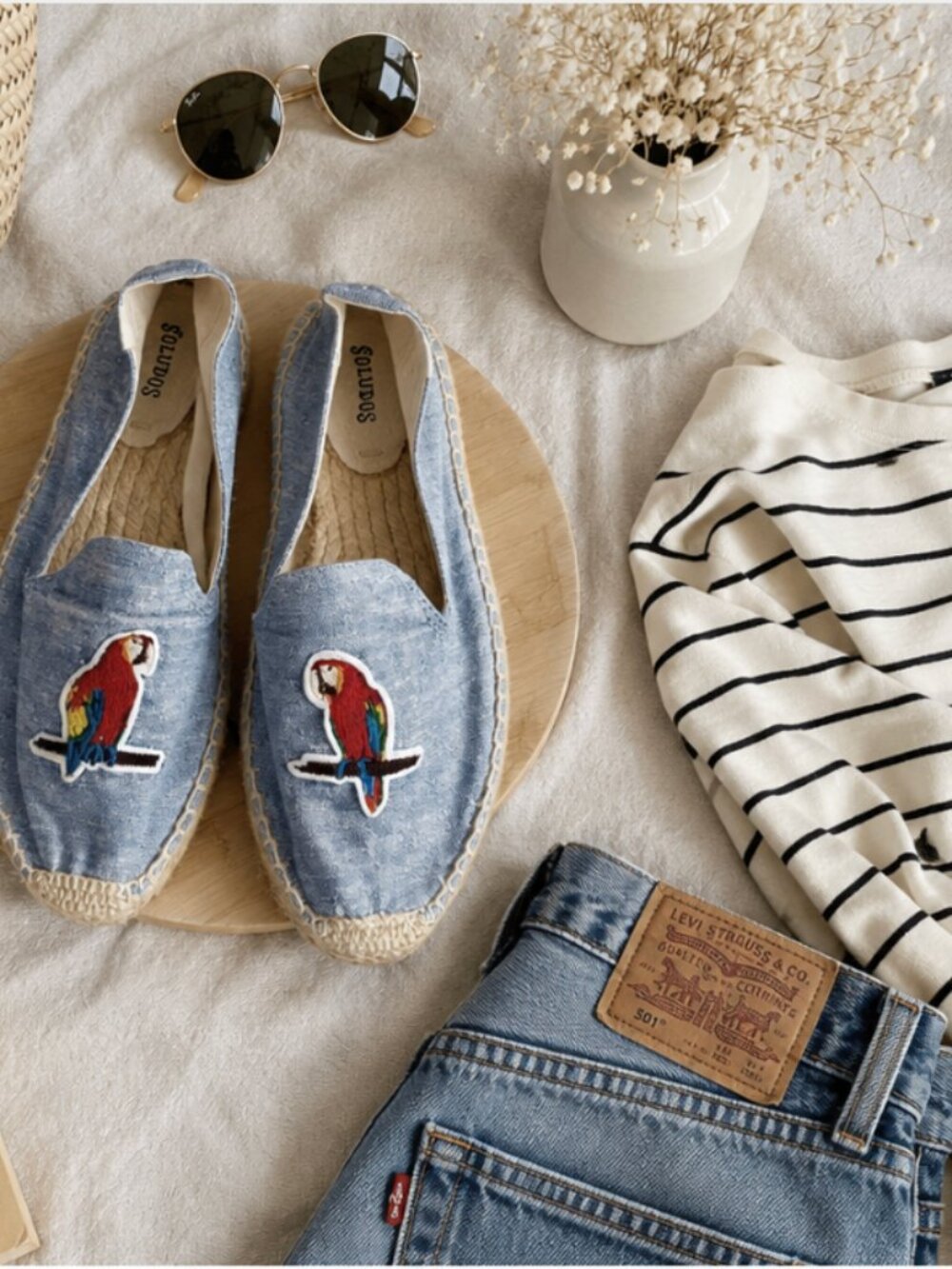 Soludos Chambray Parrot Espadrilles Women’s 9 Embroidered Slip On Flats Tropic